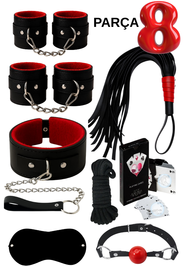 8 Parça Fantazi Seti | Peluş İç Yüzeyli Kelepçe, Zincirli   Kırbaç ve Aksesuarlar