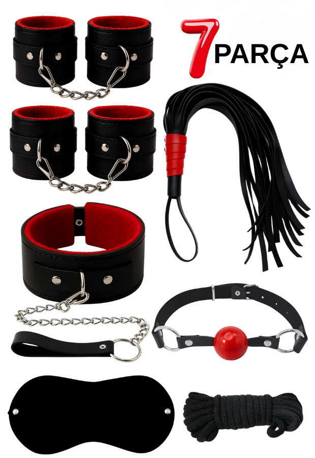 7 Parça Fantazi Seti | Peluş İç Yüzeyli Kelepçe, Zincirli   Kırbaç ve Aksesuarlar
