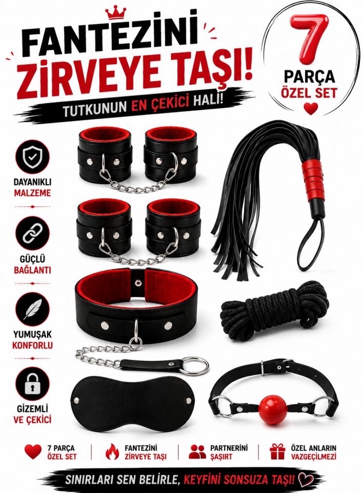 7 Parça Fantazi Aksesuar Seti | Peluş İç Yüzeyli Kelepçe, Zincirli   Kırbaç ve Aksesuarlar