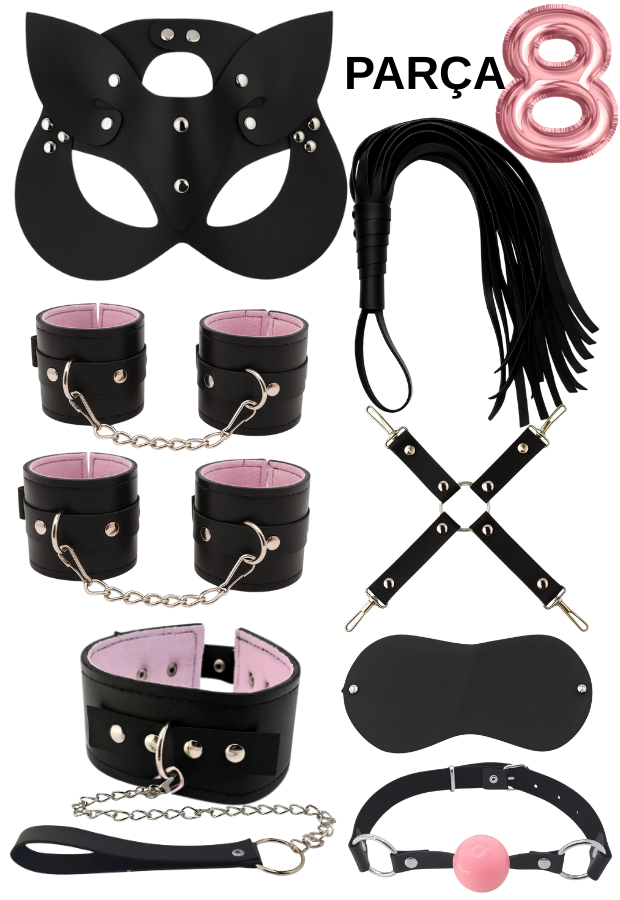 8 Parça Fantazi Seti | Peluş İç Yüzeyli Kelepçe, Zincirli   Maske, Kırbaç ve Aksesuarlar