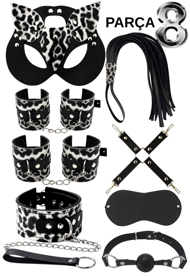 8 Parça Fantazi Seti | Leopar Desenli Peluş Kelepçe, Zincirli   Maske, Kırbaç ve Aksesuarlar