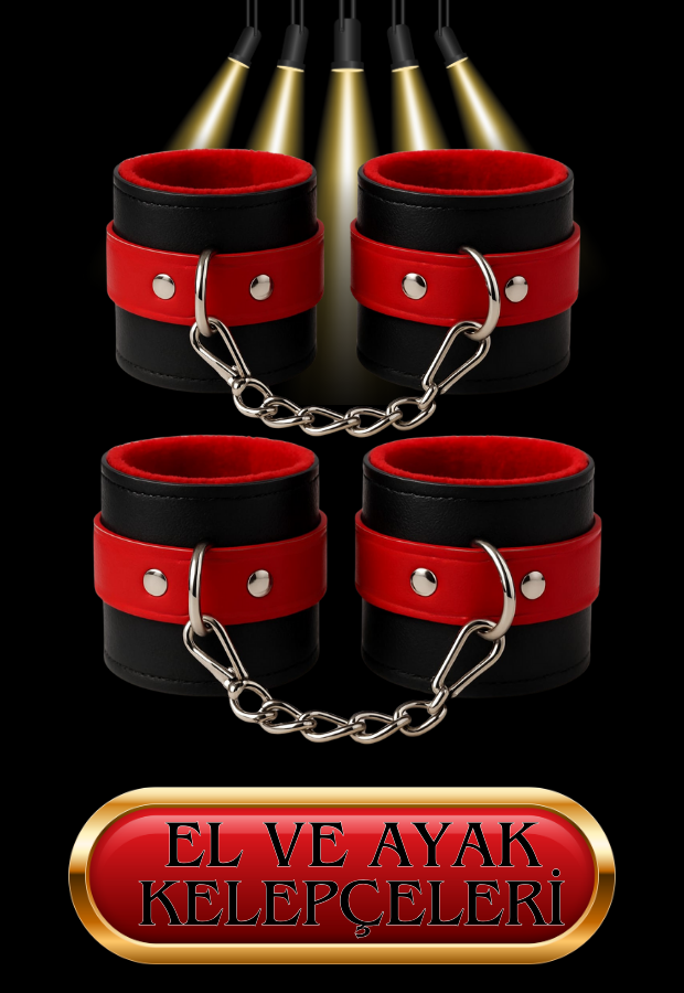 8 Parça Fantazi Seti | Kırmızı Siyah Peluş Kelepçe, Zincirli   Maske, Kırbaç ve Aksesuarlar