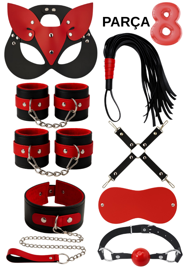 8 Parça Fantazi Seti | Kırmızı Siyah Peluş Kelepçe, Zincirli   Maske, Kırbaç ve Aksesuarlar
