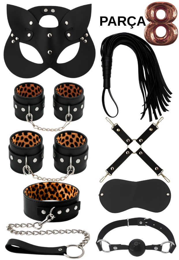 8 Parça Fantazi Seti | Leopar Peluş İç Yüzeyli Kelepçe, Maske, Kırbaç ve Aksesuarlar