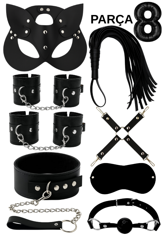 8 Parça Fantazi Seti | Siyah Peluş Kelepçe, Zincirli   Maske, Kırbaç ve Aksesuarlar