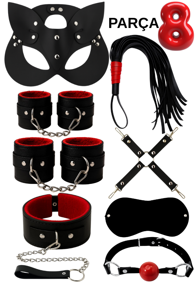 8 Parça Fantazi Seti | Kırmızı Peluş İç Yüzeyli Kelepçe,Maske, Kırbaç ve Aksesuarlar