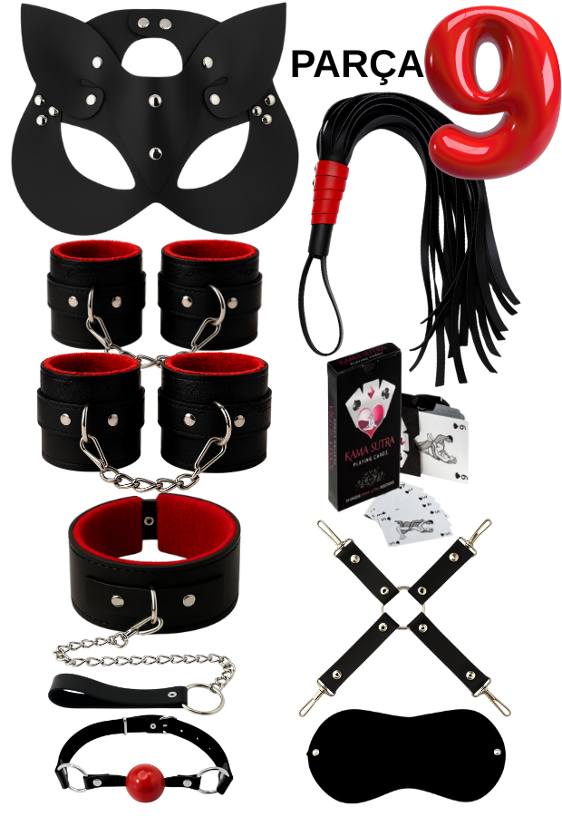 9 Parça Fantazi Seti | Kırmızı Peluş Kelepçe, Maske, Kırbaç, Oyun Kartları ve Aksesuarlar