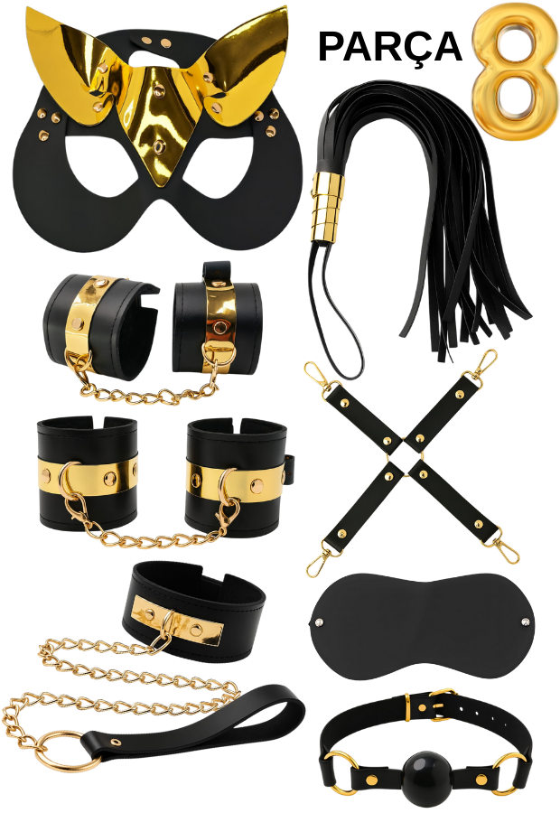 8 Parça Fantazi Seti | Gold Detaylı Peluş Kelepçe, Zincirli   Maske, Kırbaç ve Aksesuarlar