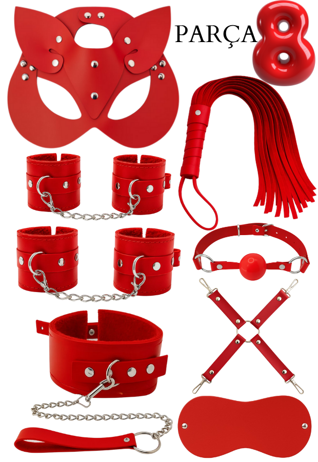 8 Parça Fantazi Seti | Kırmızı Peluş İç Yüzeyli Kelepçe Maske, Kırbaç ve Aksesuarlar