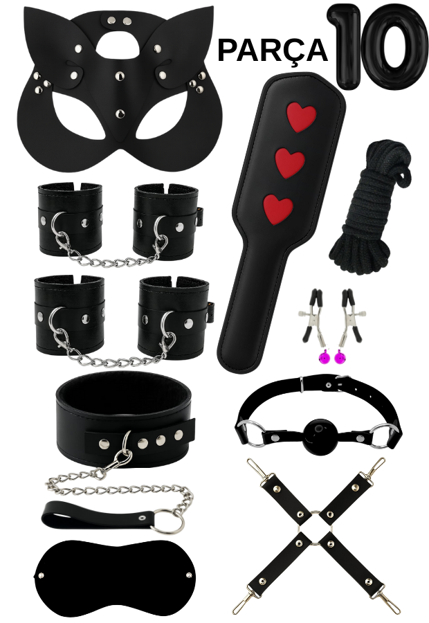 10 Parça Fantazi Seti | Peluş Kelepçe, Zincirli   Maske, Paddle, İp ve Aksesuarlar