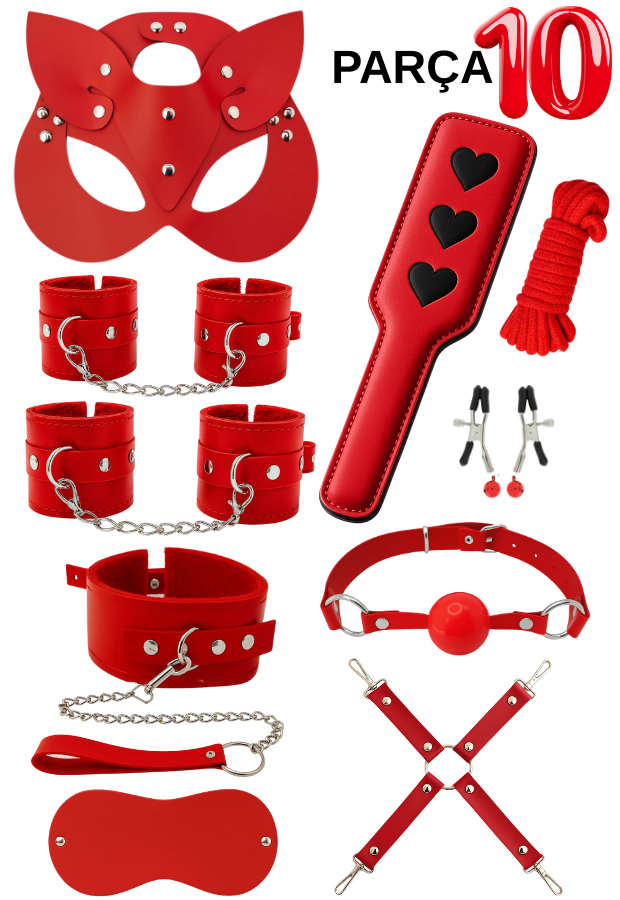10 Parça Fantazi Seti | Kırmızı Peluş Kelepçe, Zincirli   Maske, Paddle, İp ve Aksesuarlar