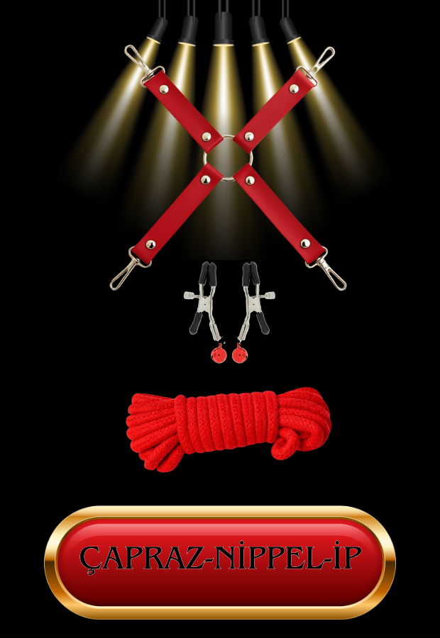 10 Parça Fantazi Seti | Kırmızı Peluş Kelepçe, Zincirli   Maske, Paddle, İp ve Aksesuarlar