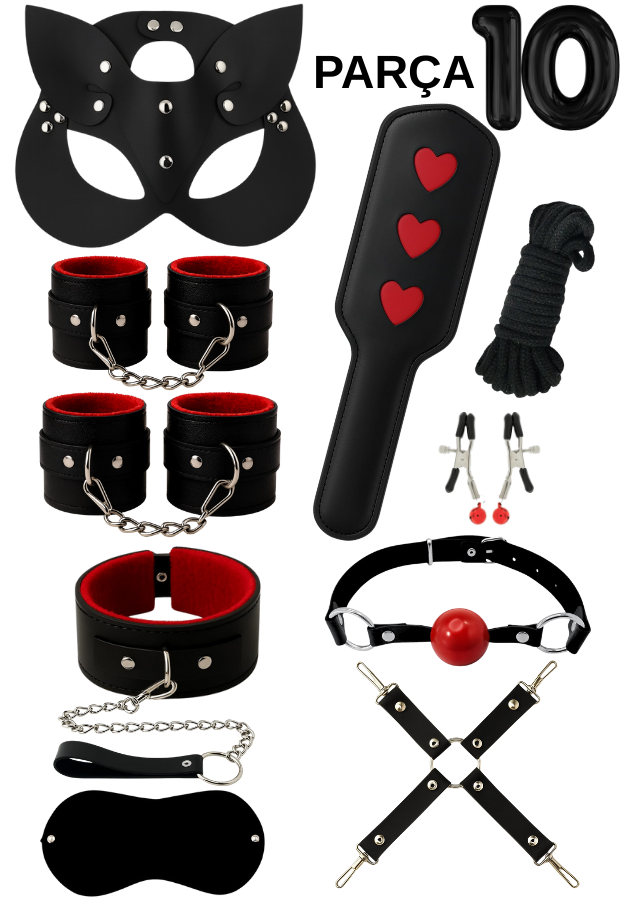 10 Parça Fantazi Seti | Kırmızı Peluş İç Yüzeyli Kelepçer, Maske, Paddle, İp ve Aksesuarlar