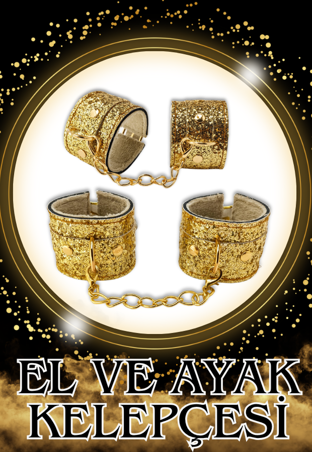 8 Parça Fantazi Seti | Gold Simli Peluş Kelepçe, Zincirli   Maske, Kırbaç ve Aksesuarlar