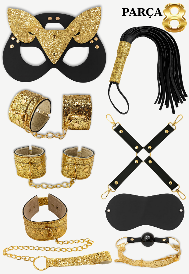 8 Parça Fantazi Seti | Gold Simli Peluş Kelepçe, Zincirli   Maske, Kırbaç ve Aksesuarlar