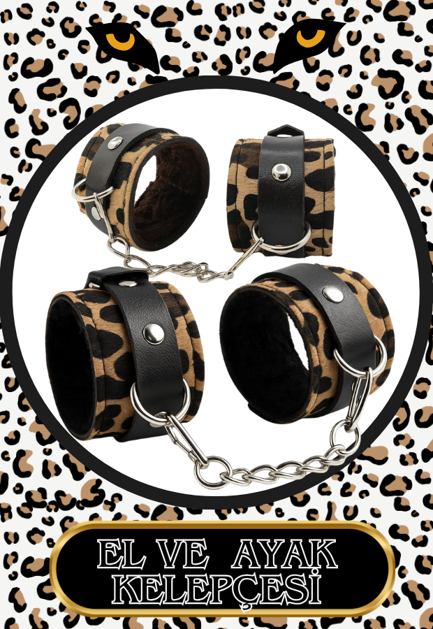 8 Parça Fantazi Seti | Leopar Peluş Detaylı Kelepçe, Zincirli   Maske, Kırbaç ve Aksesuarlar