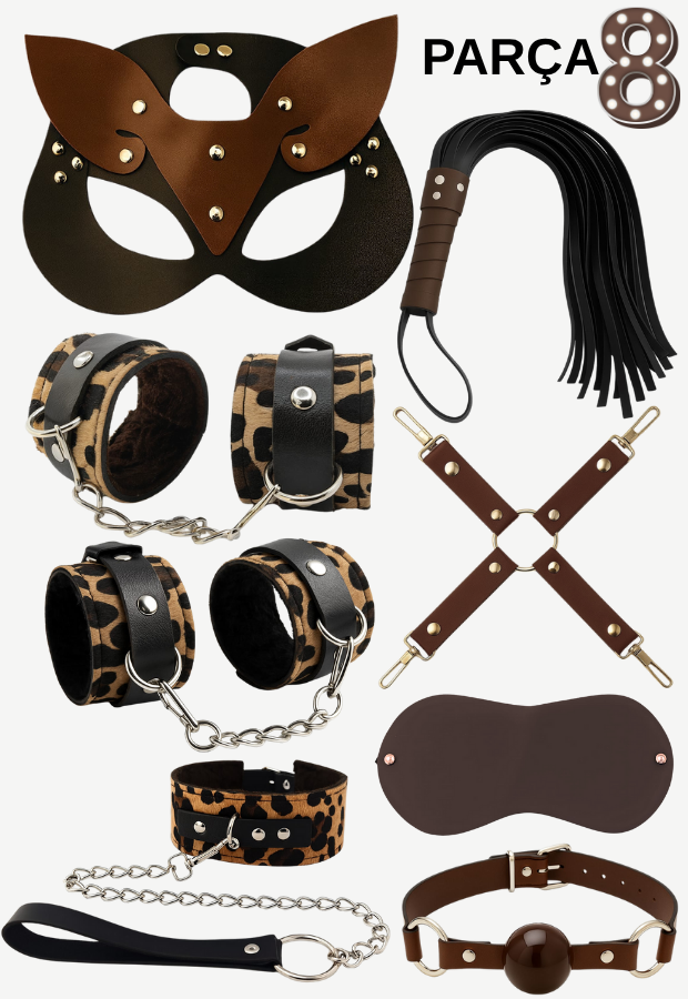 8 Parça Fantazi Seti | Leopar Peluş Detaylı Kelepçe, Zincirli   Maske, Kırbaç ve Aksesuarlar