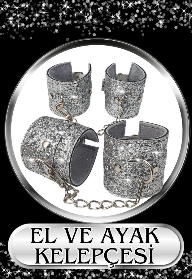 8 Parça Fantazi Seti | Gümüş Simli Peluş Kelepçe, Zincirli   Maske, Kırbaç ve Aksesuarlar