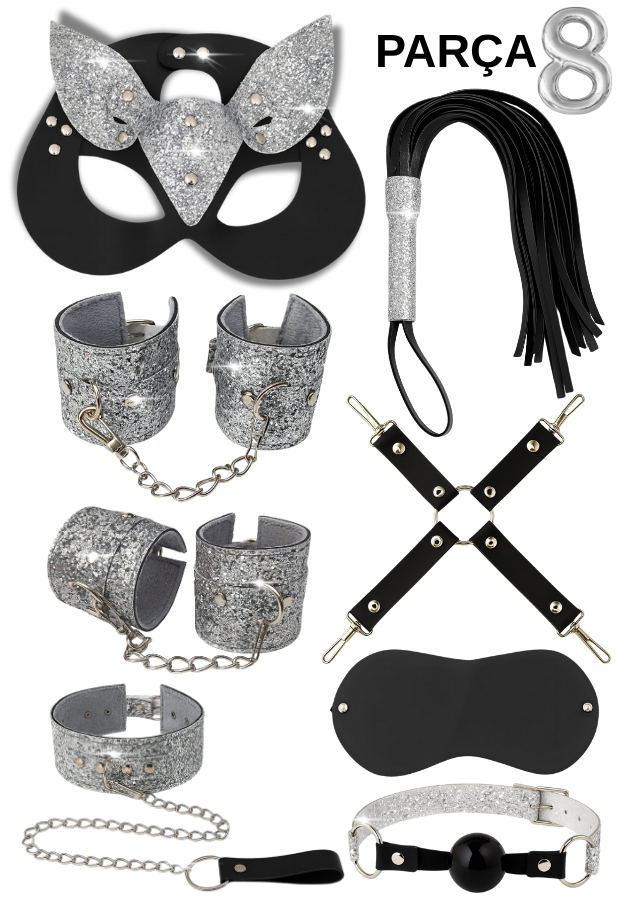 8 Parça Fantazi Seti | Gümüş Simli Peluş Kelepçe, Zincirli   Maske, Kırbaç ve Aksesuarlar