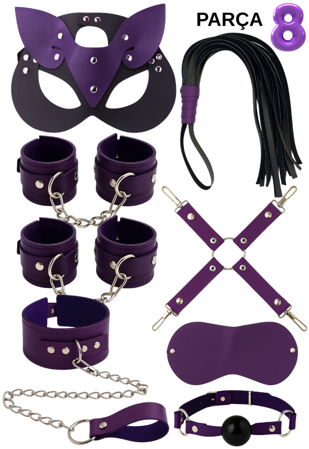 8 Parça Fantazi Seti | Mor Peluş Detaylı Kelepçe, Zincirli   Maske, Kırbaç ve Aksesuarlar