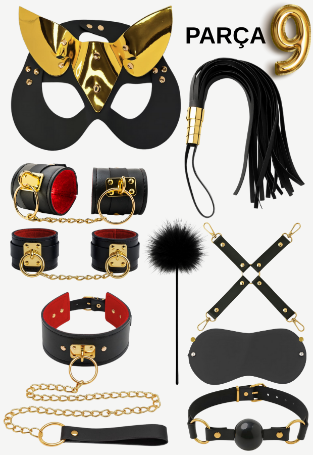 10 Parça Fantazi Seti | Gold Detaylı Peluş Kelepçe, Zincirli   Maske, Kırbaç ve Aksesuarlar