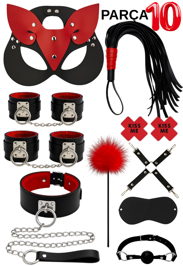 10 Parça Fantazi Seti | Kırmızı Siyah Peluş Kelepçe, Zincirli   Maske, Kırbaç ve Aksesuarlar