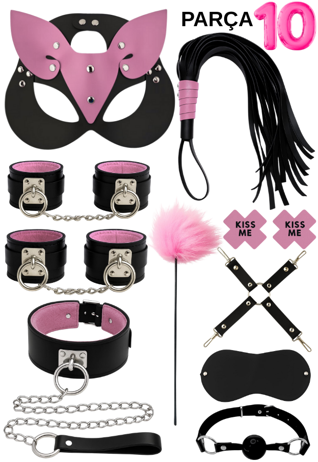 10 Parça Fantazi Seti | Pembe Peluş Kelepçe, Zincirli   Maske, Kırbaç, Tüy ve Aksesuarlar