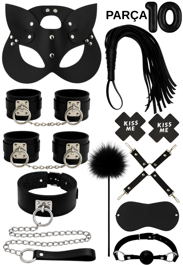 10 Parça Fantazi Seti | Siyah Peluş Kelepçe, Zincirli   Maske, Kırbaç, Tüy ve Aksesuarlar