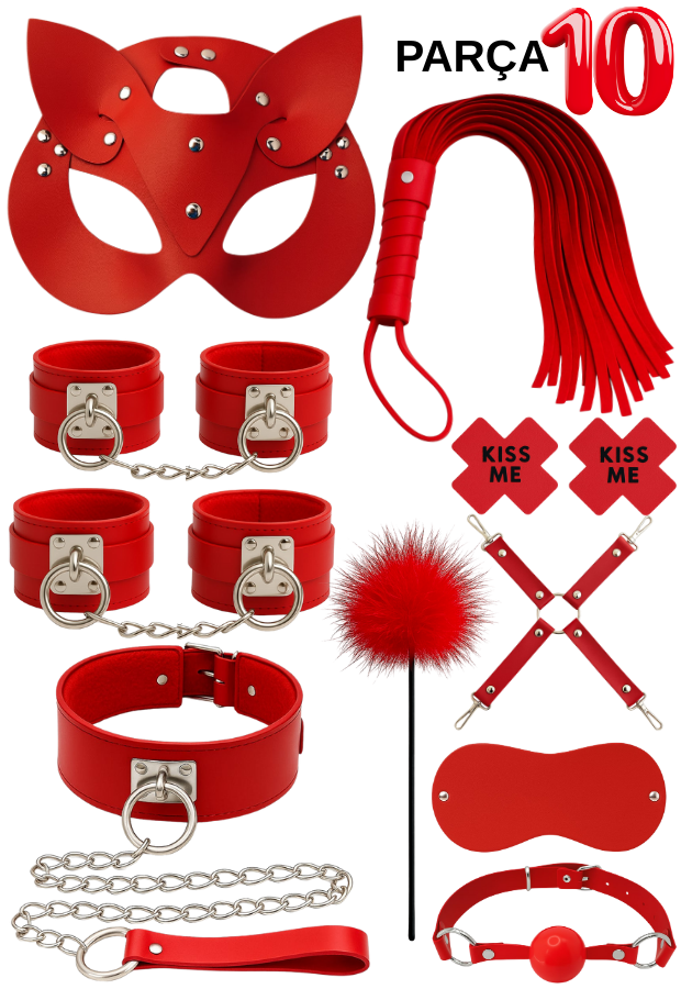 10 Parça Fantazi Seti | Kırmızı Peluş Kelepçe, Zincirli   Maske, Kırbaç, Tüy ve Aksesuarlar