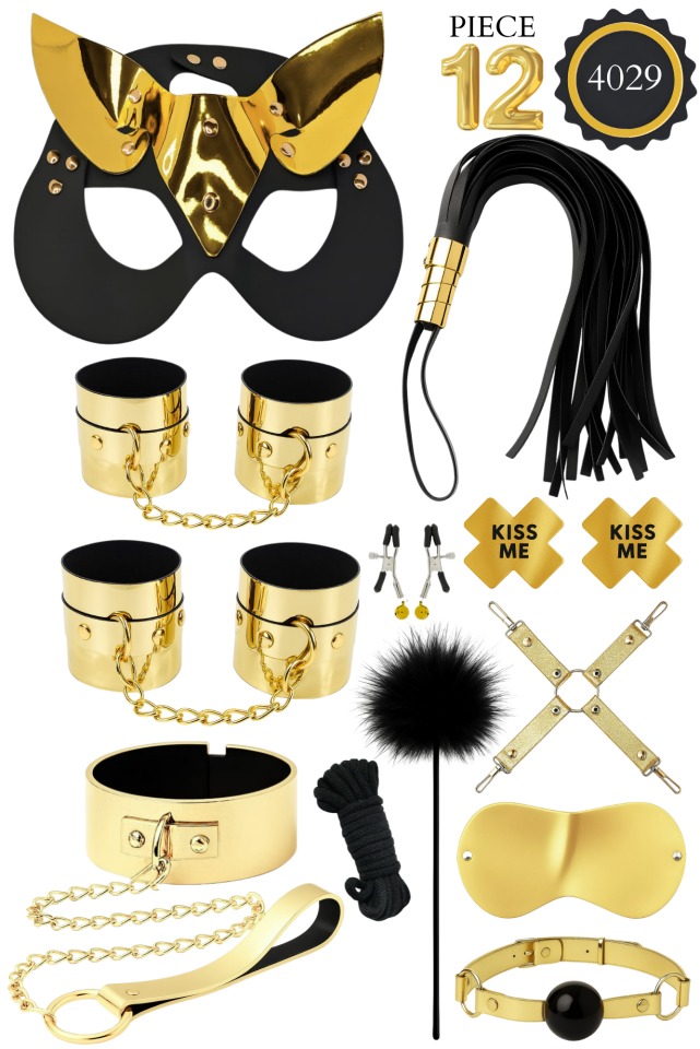 Altın Siyah Fantazi Aksesuar Seti – Maske, Kelepçe, Göz Bandı vb.