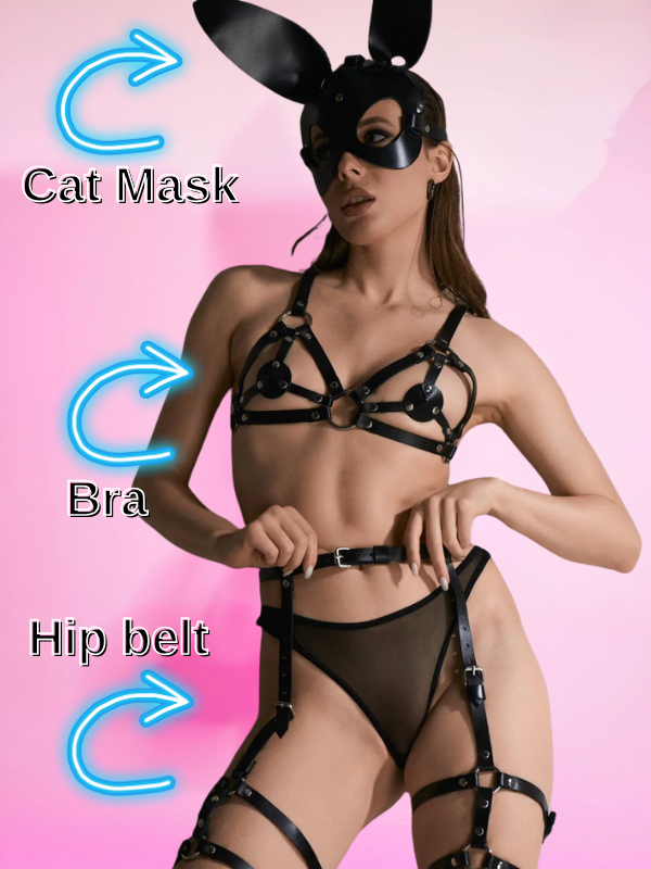 Siyah Deri Fantazi Harness Sütyen Takımı Ayarlanabilir Askılı Strappy Aksesuar Seti