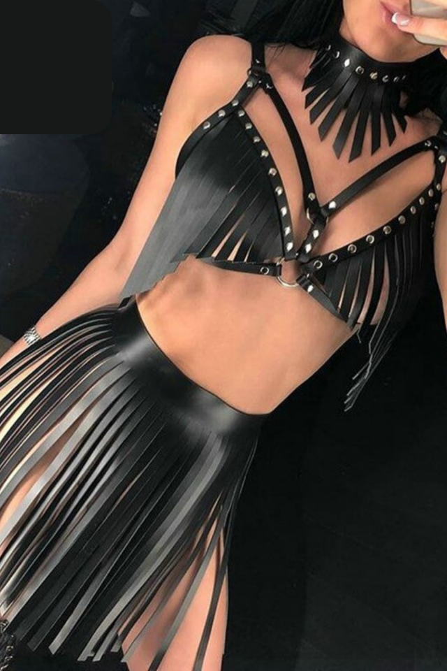 siyah püsküllü harness set deri görünümlü