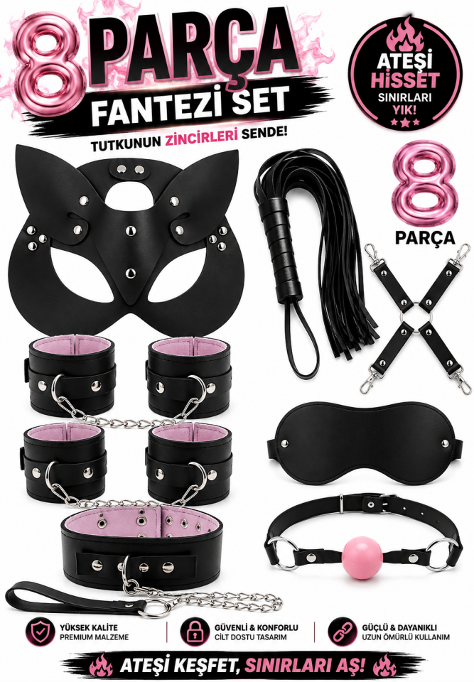8 Parça Siyah BDSM Aksesuar Seti