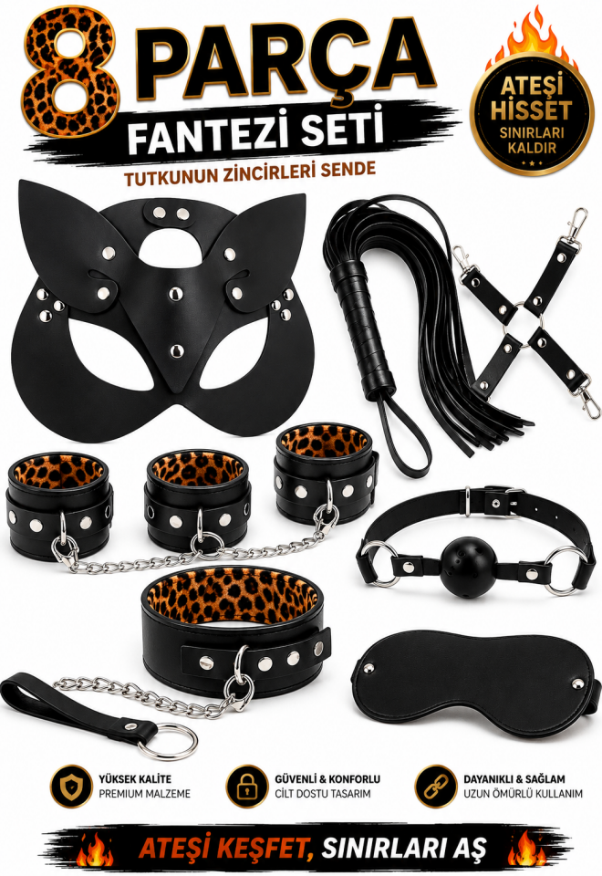 Leopar Astarlı Fantazi BDSM Aksesuar Seti