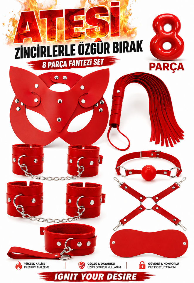 Kırmızı Deri BDSM Aksesuar Seti