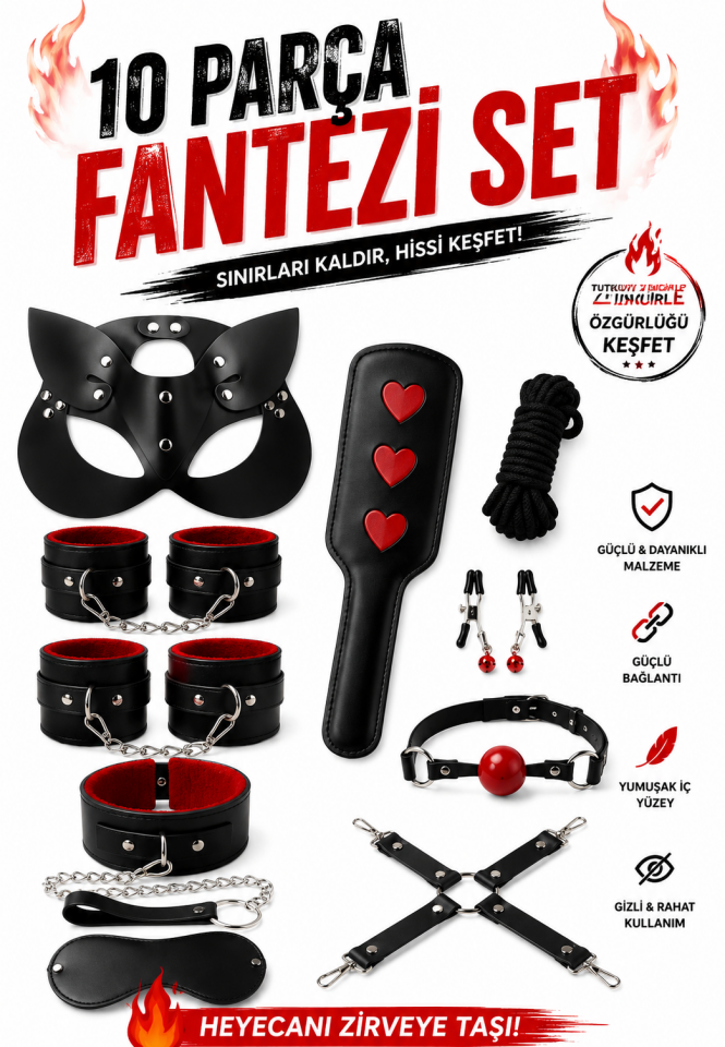 10 Parça Siyah Fantazi BDSM Seti