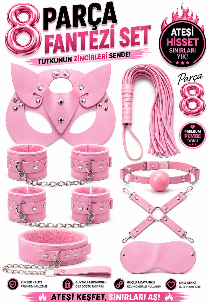 Pembe Deri BDSM Aksesuar Seti 8 Parça