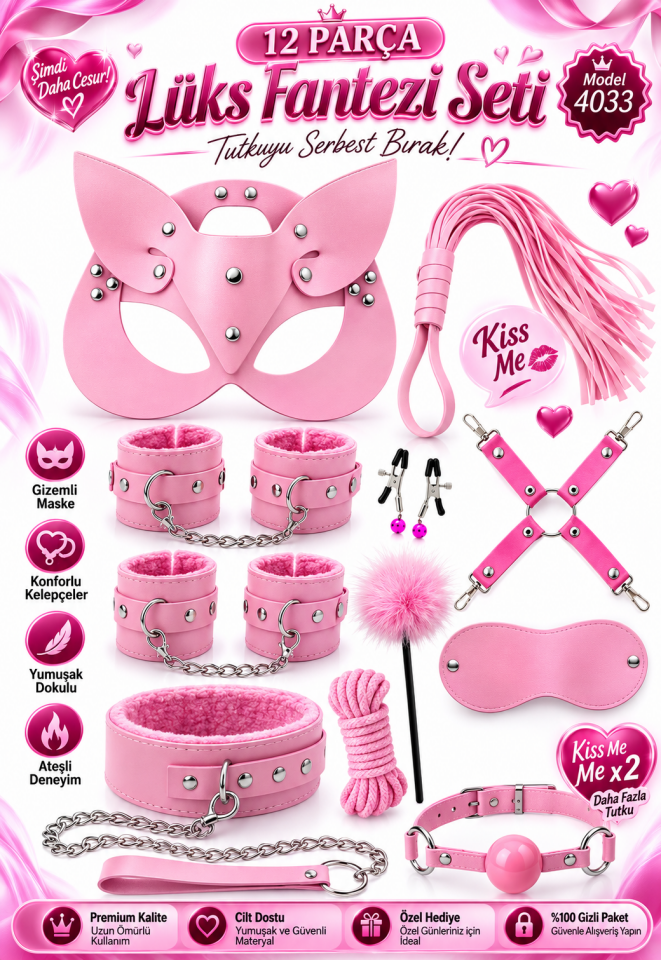 Pembe BDSM Aksesuar Seti 12 Parça