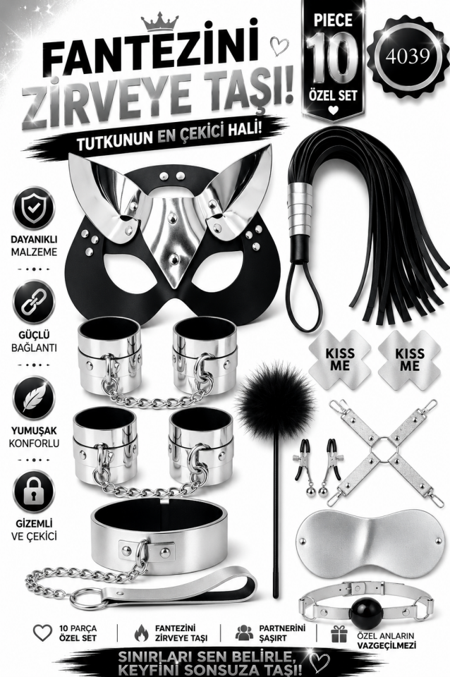 Gümüş Siyah Fantazi BDSM Aksesuar Seti