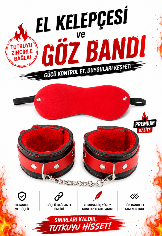 Kırmızı Deri Kelepçe ve Maske Seti