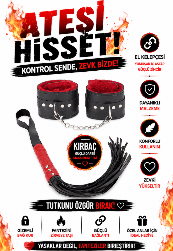 Kırmızı Kürklü Zincirli Deri Kelepçe Seti