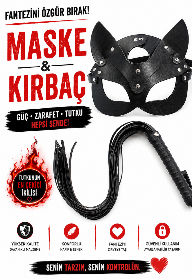 Siyah Deri Kedi Maske ve Kırbaç Seti