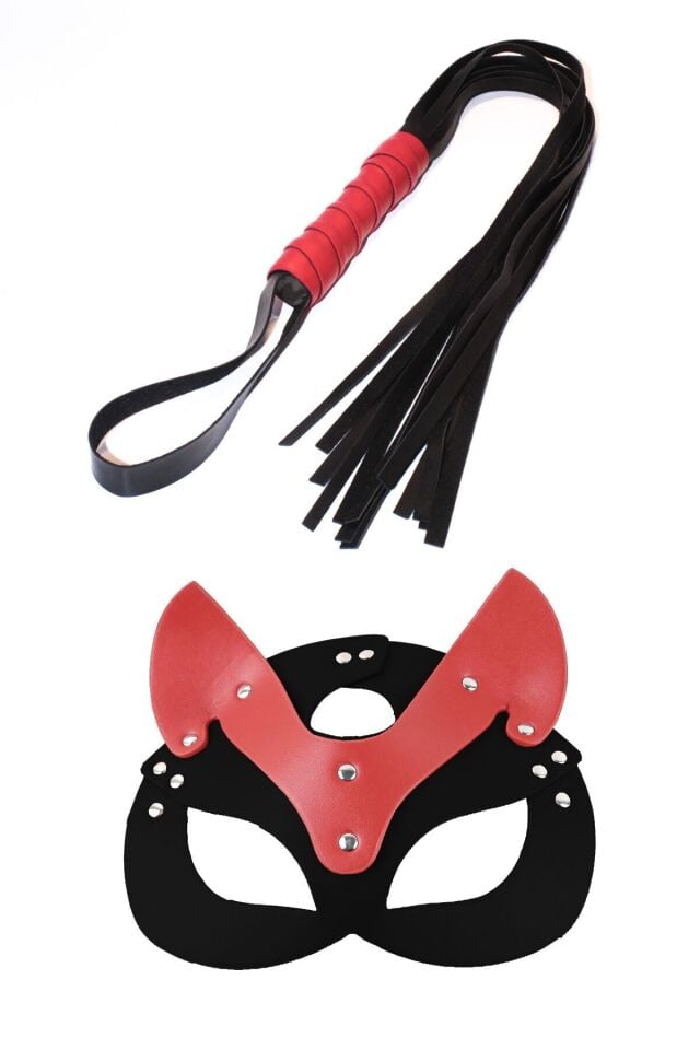 Kırmızı Detaylı Siyah Deri BDSM Seti