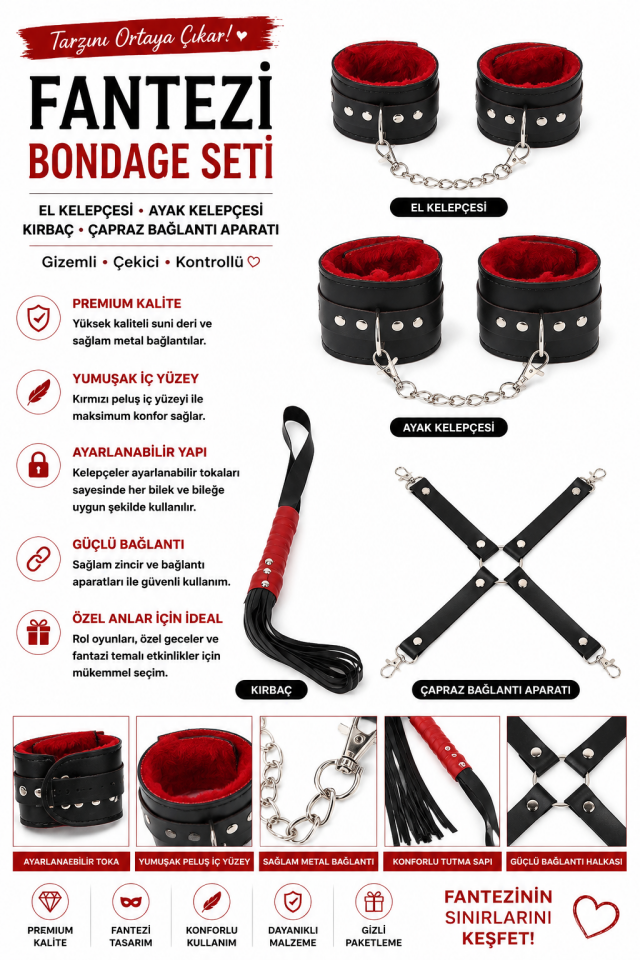 Fantezi Bondage Seti – El Kelepçesi, Ayak Kelepçesi, Kırbaç ve Çapraz Bağlantı Aparatı Seti