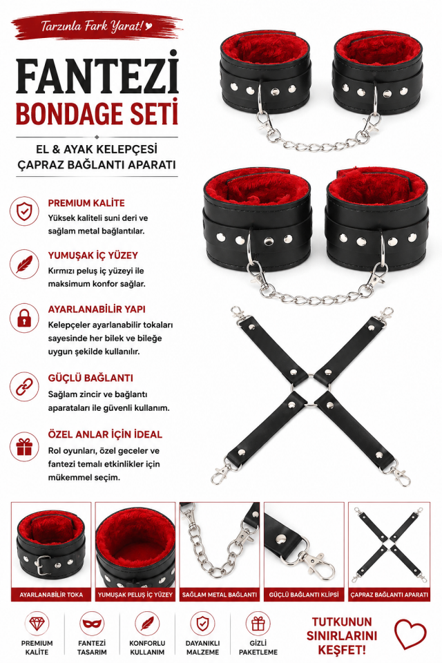 Fantezi Bondage Seti – El ve Ayak Kelepçesi, Kırmızı Peluş İç Yüzey ve Çapraz Bağlantı Aparatı