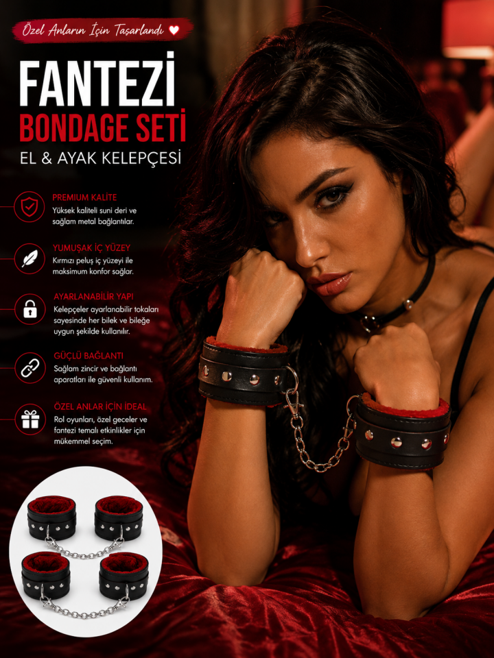 Fantazi Bondage Seti El Ayak Kelepçesi Zincirli Siyah Kırmızı Yumuşak Peluş İç Yüzey