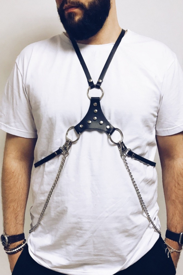 Metal Detaylı Zincirli Erkek Göğüs Harness Göğüs Kemeri Aksesuarı
