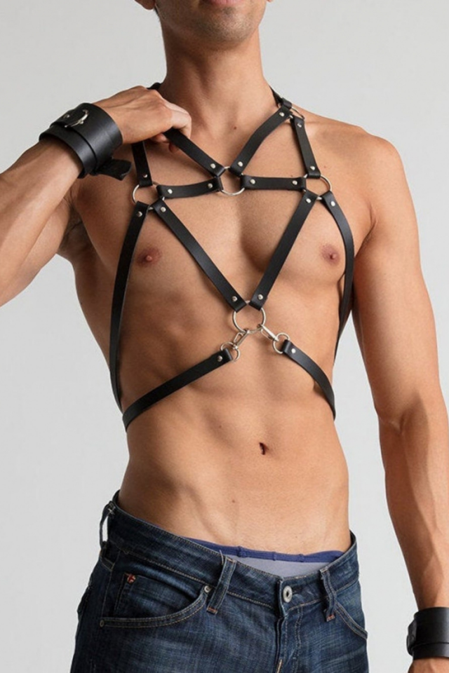 Erkek Deri Görünümlü Göğüs Koşum Kemer Seti Ayarlanabilir Cosplay Sahne Kostümü