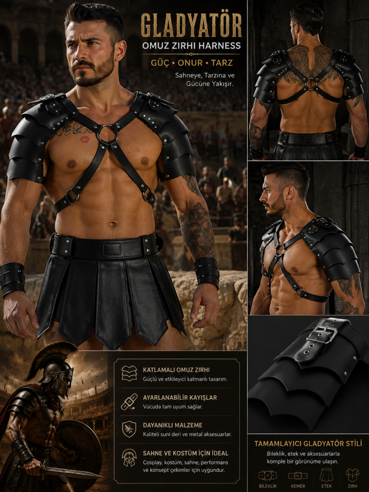 Erkek Gladyatör Omuz Zırhı Harness – Siyah Deri Görünümlü Metal Tokalı Kostüm ve Cosplay Aksesuarı