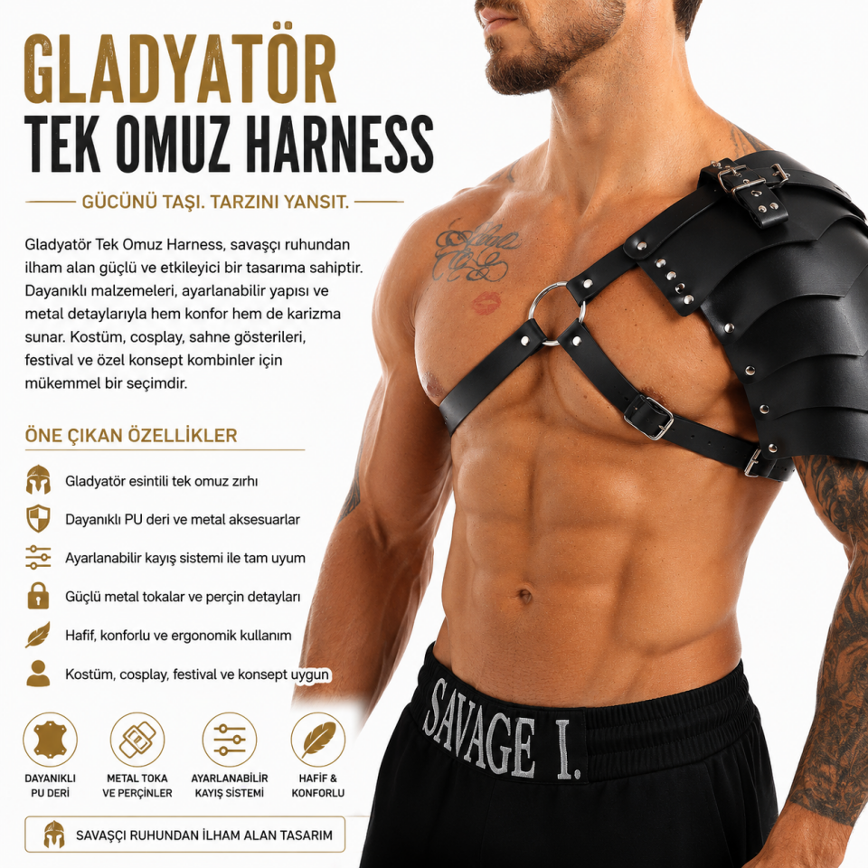 Erkek Gladyatör Tek Omuz Deri Zırh Harness Kostüm Aksesuarı Siyah